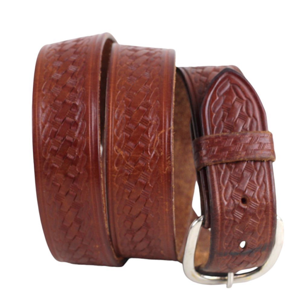 R.A.U. Co TOOLED BROWN REAL LEATHER 1 3/8"Wd CASUAL DRESS MEN'S BELT Sz 42 (X74